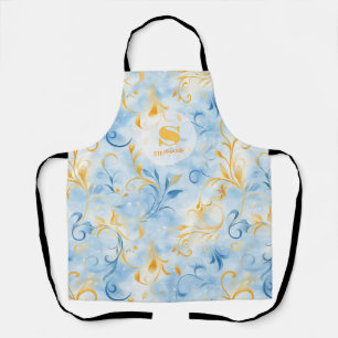Elegant Blue and Gold Paisley-Inspired Leaf Apron