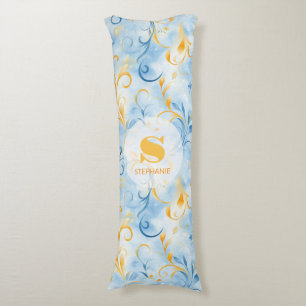 Elegant Blue and Gold Paisley-Inspired Leaf Body Cushion