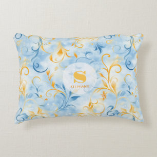Elegant Blue and Gold Paisley-Inspired Leaf Decorative Cushion