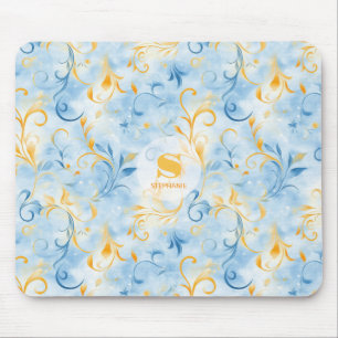 Elegant Blue and Gold Paisley-Inspired Leaf Mouse Mat