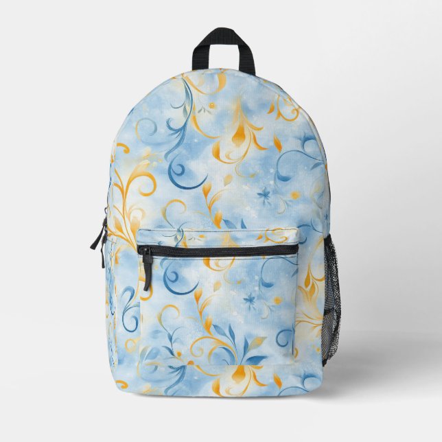 Elegant Blue and Gold Paisley-Inspired Leaf Printed Backpack (Front)