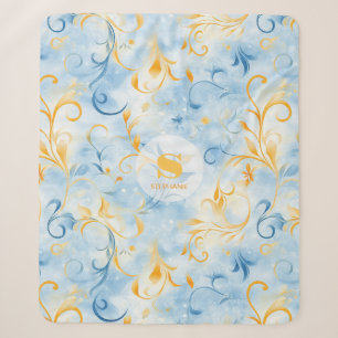 Elegant Blue and Gold Paisley-Inspired Leaf Sherpa Blanket