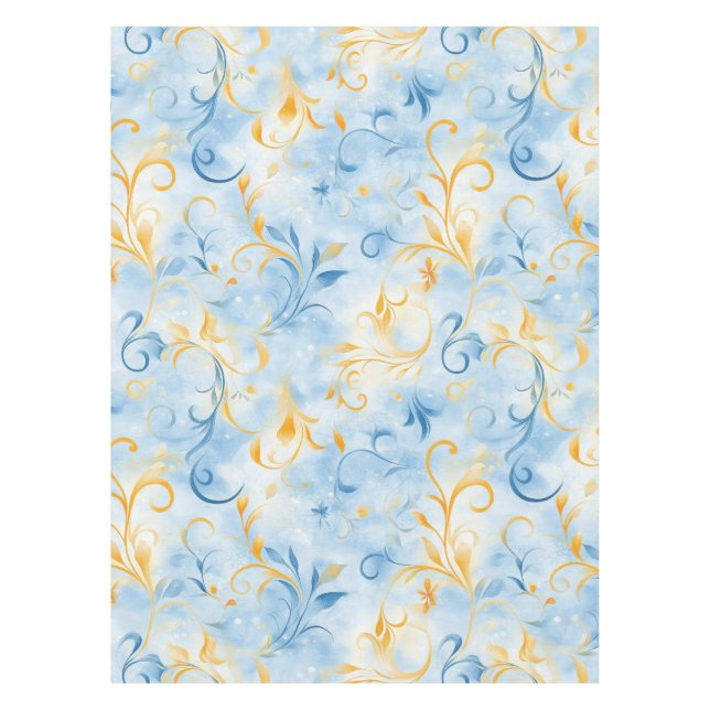 Elegant Blue and Gold Paisley-Inspired Leaf Tablecloth (Front)