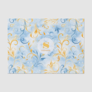 Elegant Blue and Gold Paisley-Inspired Leaf Tissue Paper