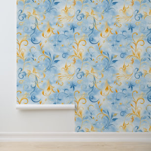 Elegant Blue and Gold Paisley-Inspired Leaf Wallpaper