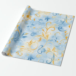 Elegant Blue and Gold Paisley-Inspired Leaf Wrapping Paper