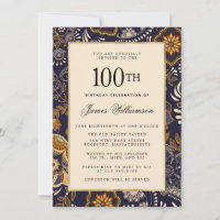 Elegant Blue and Gold Pattern 100th Birthday