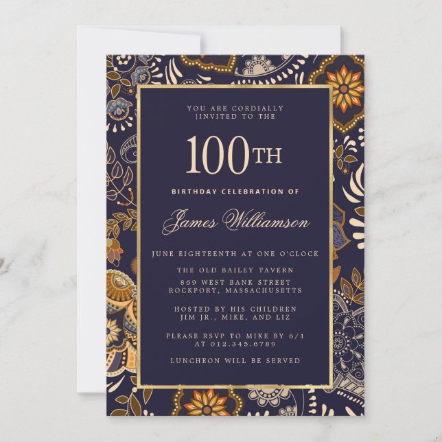 Elegant Blue and Gold Pattern 100th Birthday Invitation (Front)