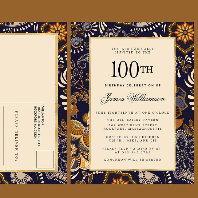 Elegant Blue and Gold Pattern 100th Birthday Invitation Postcard (Creator Uploaded)