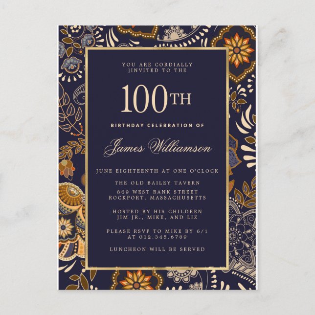 Elegant Blue and Gold Pattern 100th Birthday Invitation Postcard (Front)
