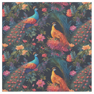 Elegant Blue and Gold Peacock in Colourful Garden Fabric