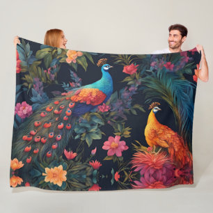 Elegant Blue and Gold Peacock in Colourful Garden Fleece Blanket
