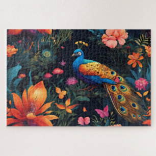 Elegant Blue and Gold Peacock in Colourful Garden Jigsaw Puzzle