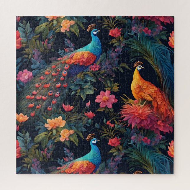 Elegant Blue and Gold Peacock in Colourful Garden Jigsaw Puzzle (Vertical)