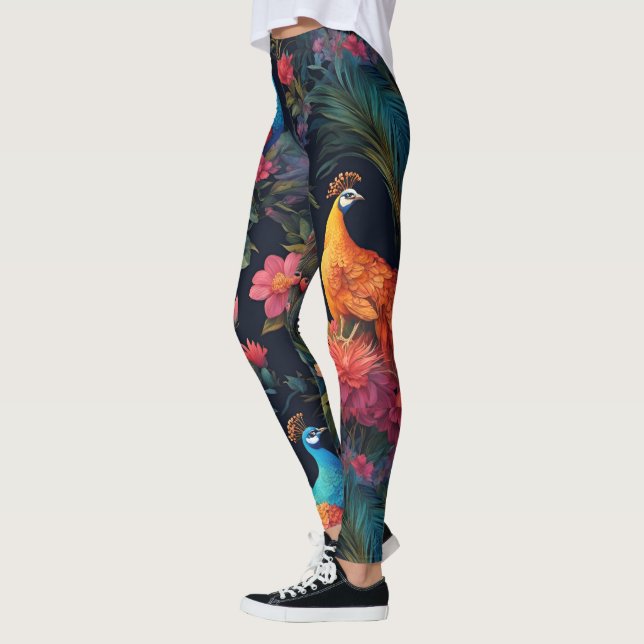 Elegant Blue and Gold Peacock in Colourful Garden Leggings (Left)