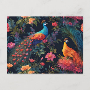 Elegant Blue and Gold Peacock in Colourful Garden Postcard
