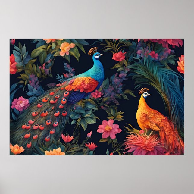 Elegant Blue and Gold Peacock in Colourful Garden Poster (Front)
