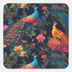 Elegant Blue and Gold Peacock in Colourful Garden Square Sticker