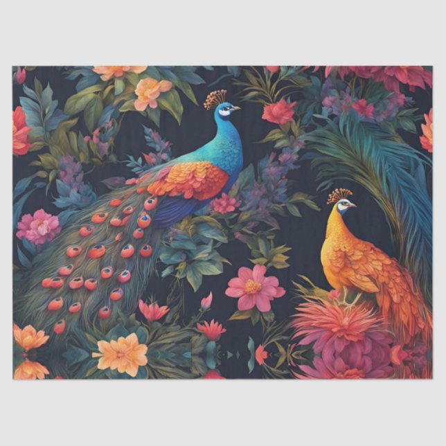 Elegant Blue and Gold Peacock in Colourful Garden Tissue Paper (Front)