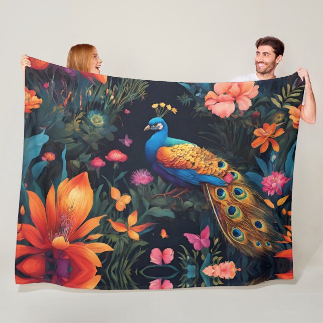 Elegant Blue and Gold Peacock in Pink Garden Fleece Blanket (In Situ)