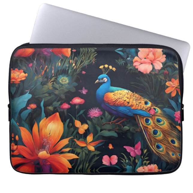 Elegant Blue and Gold Peacock in Pink Garden Laptop Sleeve (Front)