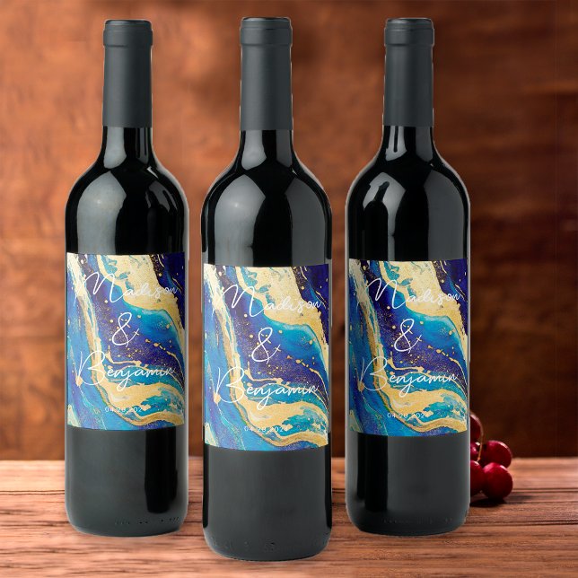 Elegant Blue and Gold Personalised Wedding Wine Wine Label (Creator Uploaded)