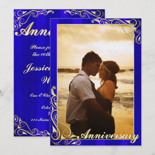 Elegant Blue and Gold Photo Anniversary Invitation