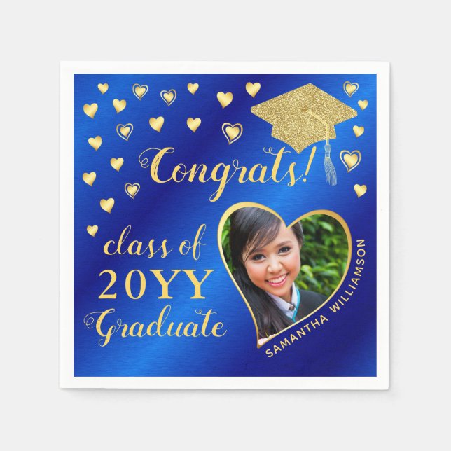 Elegant Blue and Gold Photo Class 2025 Graduation Napkin (Front)