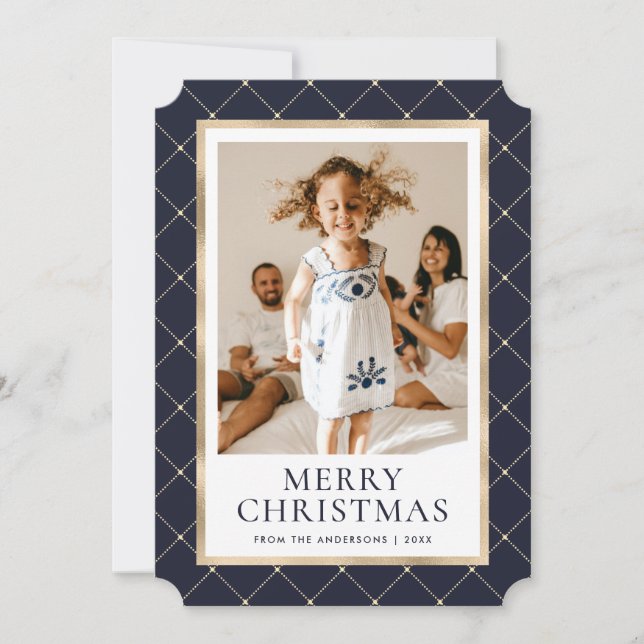 Elegant Blue and Gold Photo Merry Christmas Card (Front)