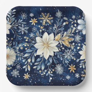 Elegant Blue and Gold Poinsettia Christmas Paper Plate