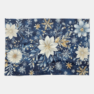 Elegant Blue and Gold Poinsettia Christmas Tea Towel