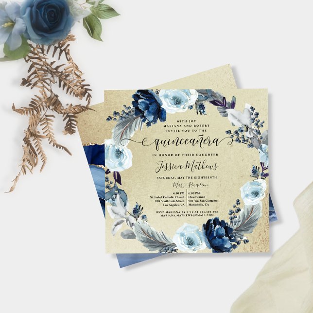 Elegant Blue and Gold Quinceañera, Floral Invitation (Creator Uploaded)