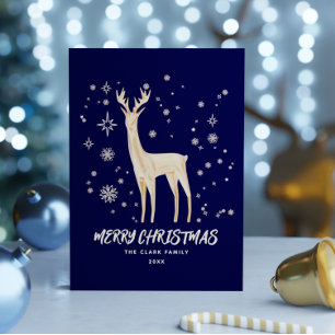 Elegant Blue and Gold Reindeer Merry Christmas Holiday Card