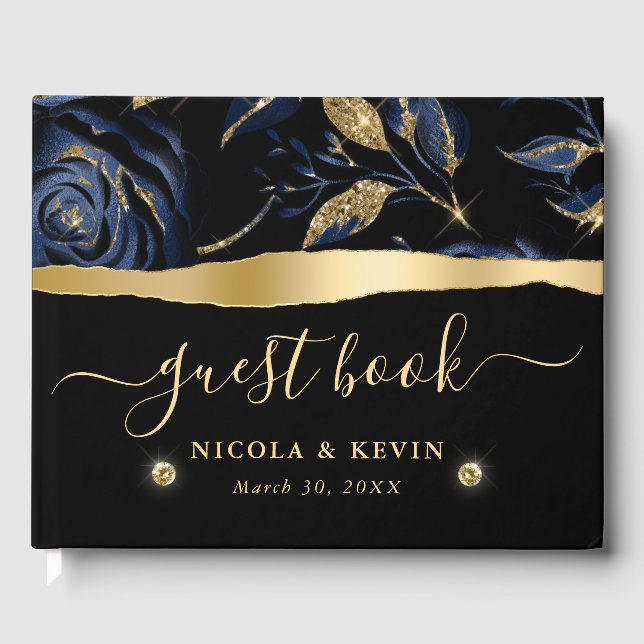 Elegant Blue and Gold Rose Floral Wedding Guest Book (Front)