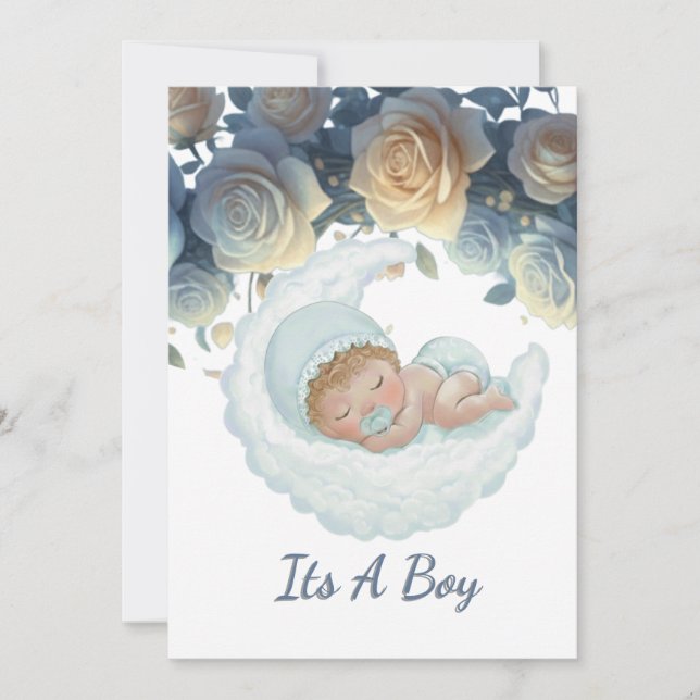 Elegant blue and gold roses baby boy shower invitation (Front)