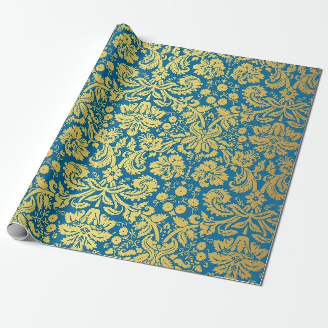 Elegant Blue and Gold Royal Damask Pattern Wrapping Paper (Unrolled)
