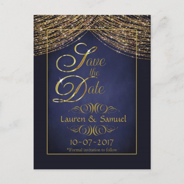 Elegant Blue and Gold Save the Date PostCards (Front)