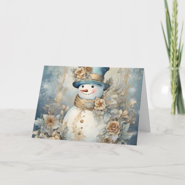 Elegant Blue and Gold Snowman Holiday Design Card (Front)