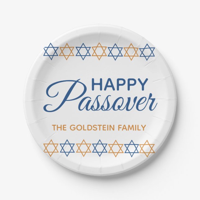 Elegant Blue and Gold Star of David Happy Passover Paper Plate (Front)
