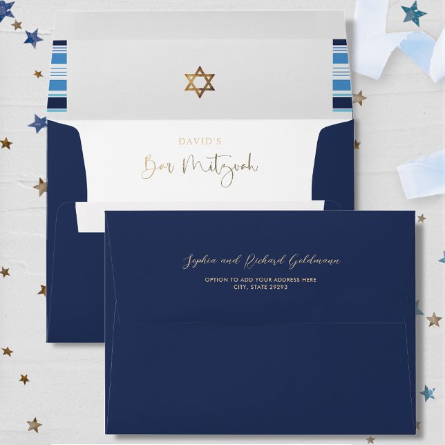 Elegant Blue and Gold striped Tallit Bar Mitzvah Envelope (Creator Uploaded)