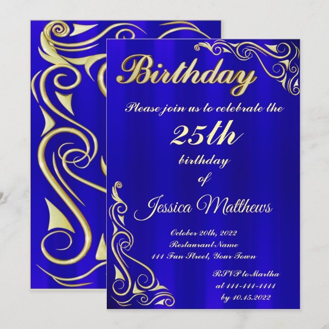 Elegant Blue and Gold Typography Custom Birthday Invitation (Front/Back)