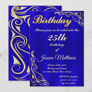 Elegant Blue and Gold Typography Custom Birthday Invitation