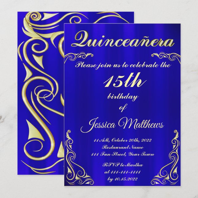 Elegant Blue and Gold Typography Quinceañera Invitation (Front/Back)