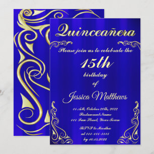 Elegant Blue and Gold Typography Quinceañera Invitation