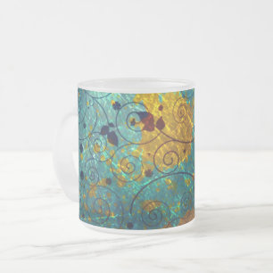 Elegant Blue and Gold Vine Abstract Frosted Glass Coffee Mug