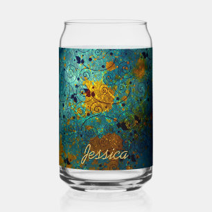 Elegant Blue and Gold Vine Personalised Can Glass