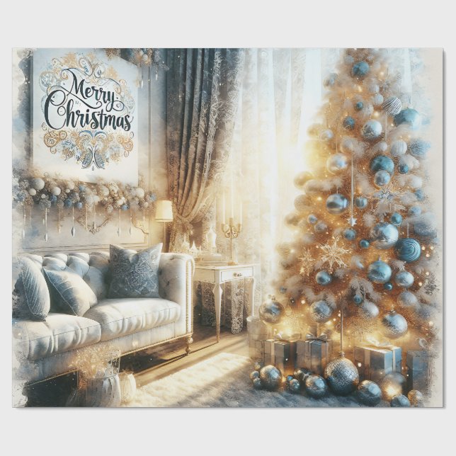 Elegant Blue and Gold Vintage Christmas  Wrapping Paper (Flat)