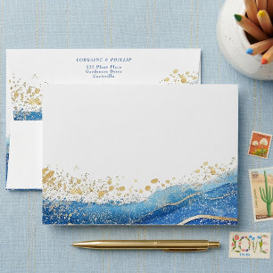 Elegant Blue and Gold Watercolor Return address Envelope
