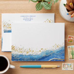 Elegant Blue and Gold Watercolor Return address Envelope