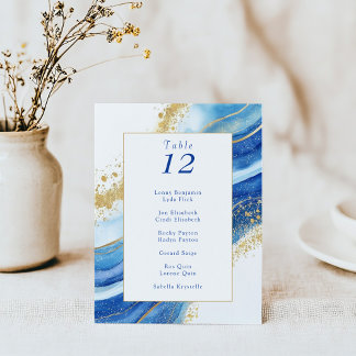 Elegant Blue and Gold Watercolor Table Number Card